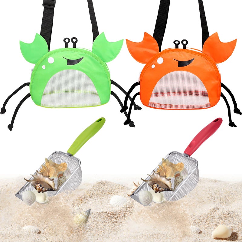 YOOLEETC 4PCS Beach Toy Mesh Shovel and Mesh Beach Bag Seashell Bag for Sand Filter & Collect Shells Sand Sifter Shell Collecting Tools(Green-Orange Crab) - Image 1